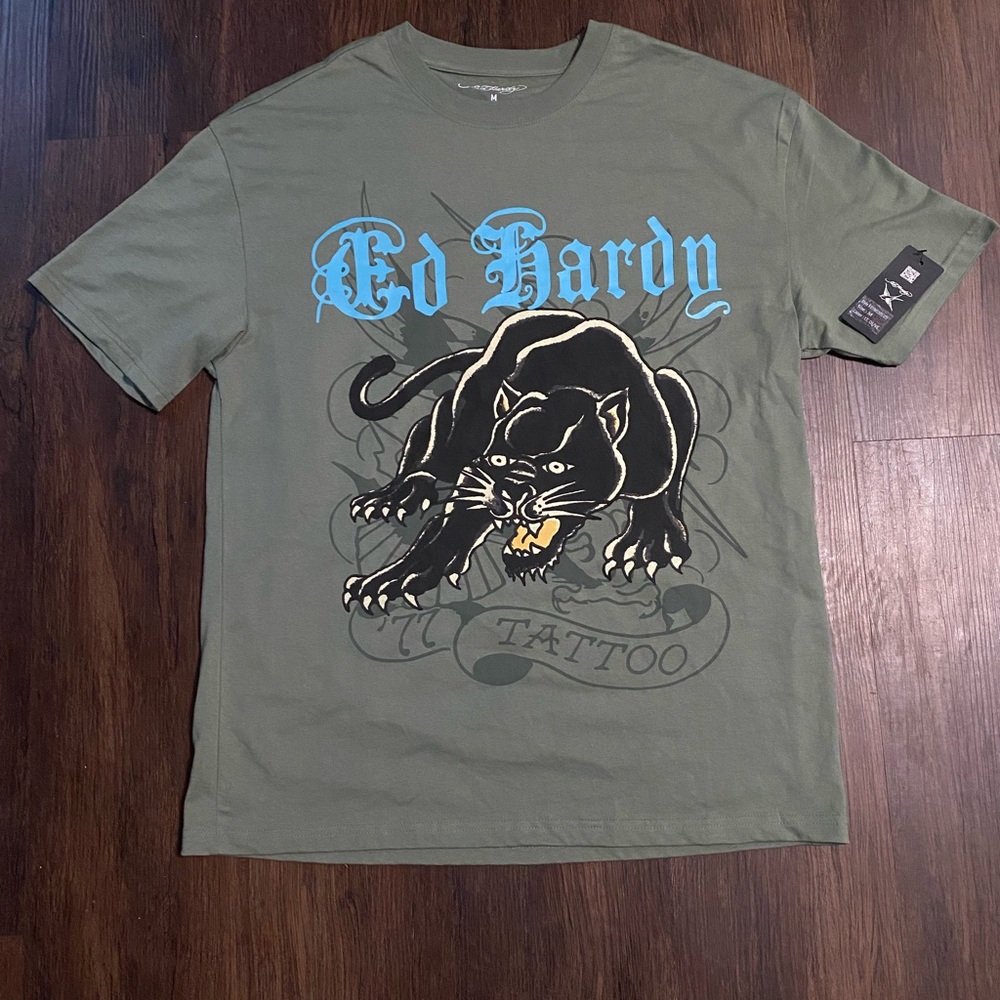Ed Hardy Olive Green Short Sleeve Tee with Panther Graphic